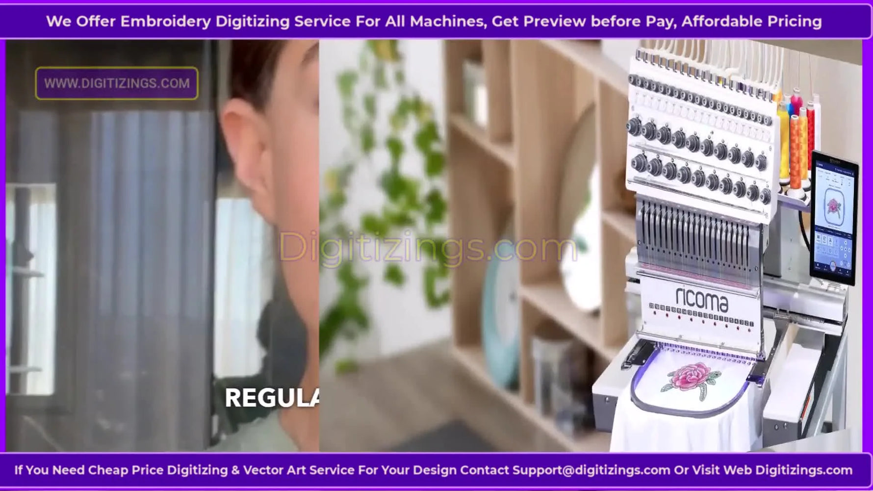 A Ricoma multi-needle embroidery machine actively stitching while the tension knob array is clearly visible.