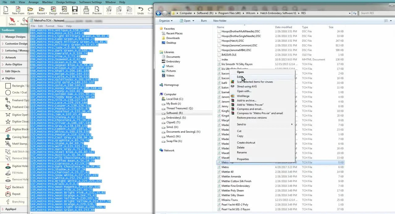 A Windows right‑click menu shows the Hatch thread chart file being opened with Notepad so the custom Metro Pro data can be pasted in safely.