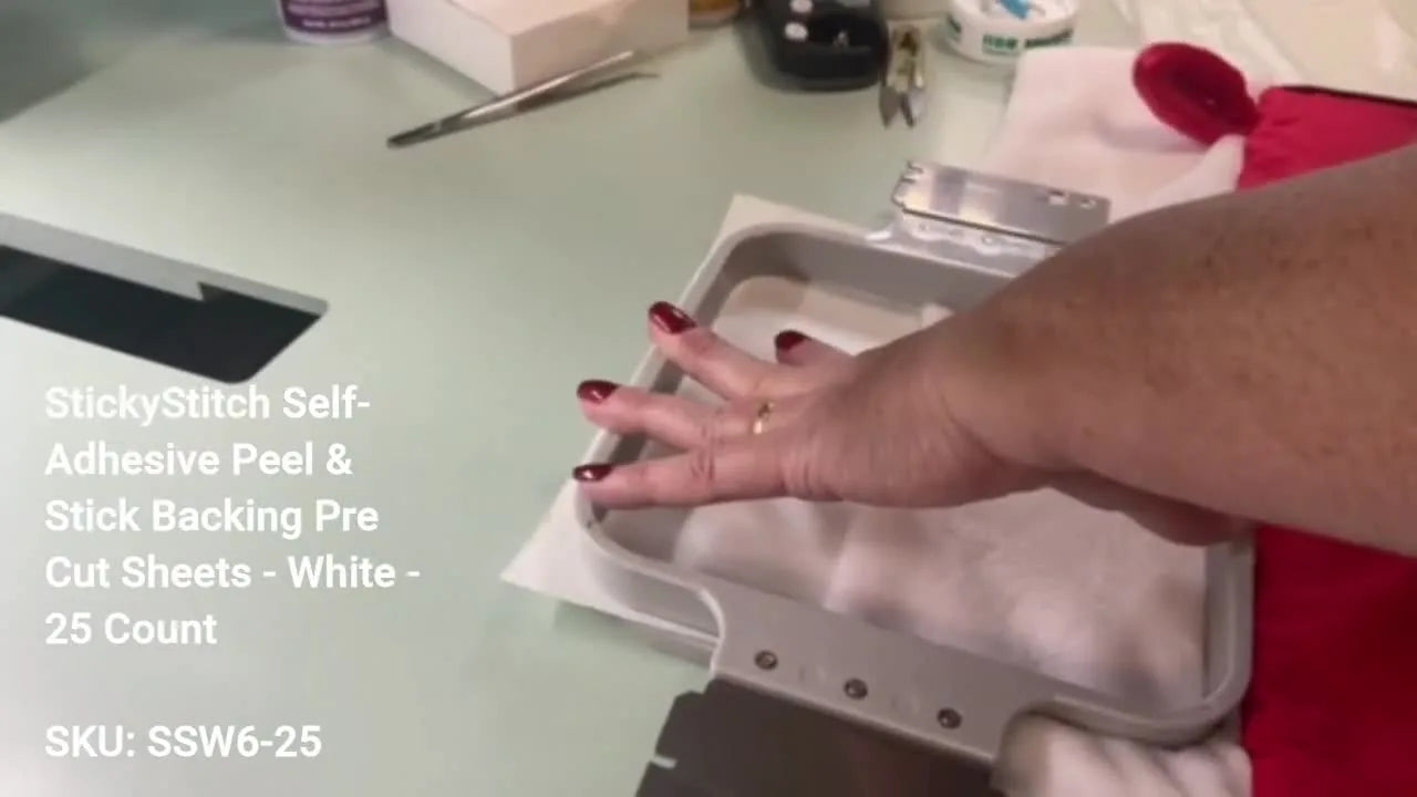 A close-up shows the top and bottom halves of a 7.5-inch magnetic hoop snapping together to secure a stocking cuff on stabilizer.