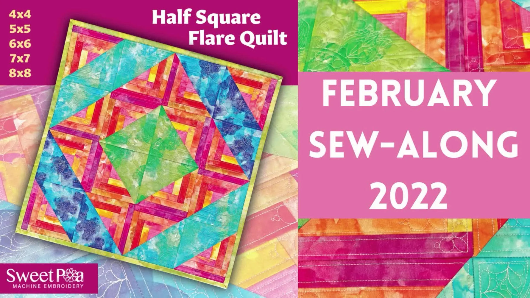 A full view of the finished Half Square Flare Quilt showing the vibrant geometric blocks and the clean self-binding frame.
