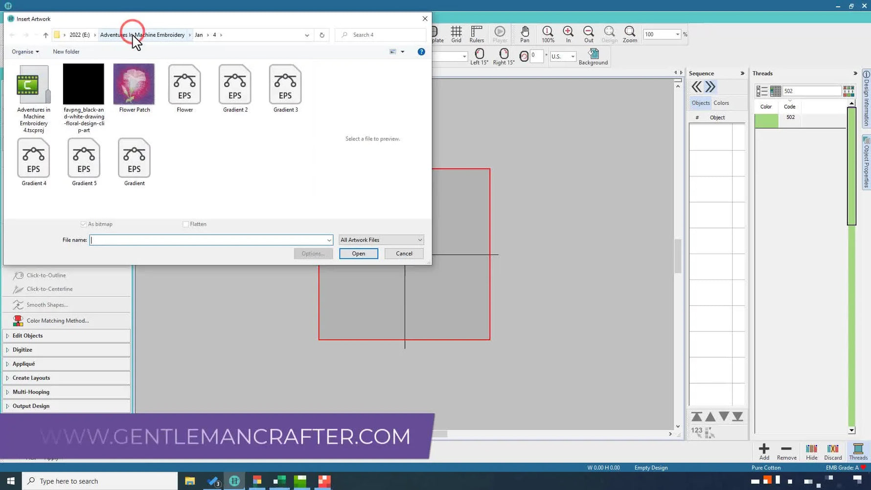 Screenshot of Hatch Embroidery software showing the imported hibiscus flower sketch on a grid, ready for digitizing. A red bounding box indicates selected artwork.