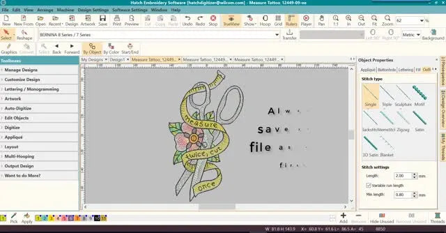 A Hatch screen capture with the on-screen reminder to always save your working design as an .EMB file first.