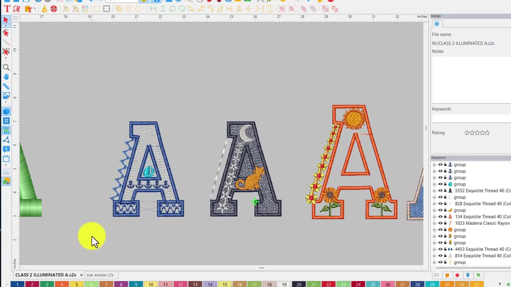 A nautical-themed illuminated letter “A” filled with waves and symbols, framed by a clean border that hides motif edges.