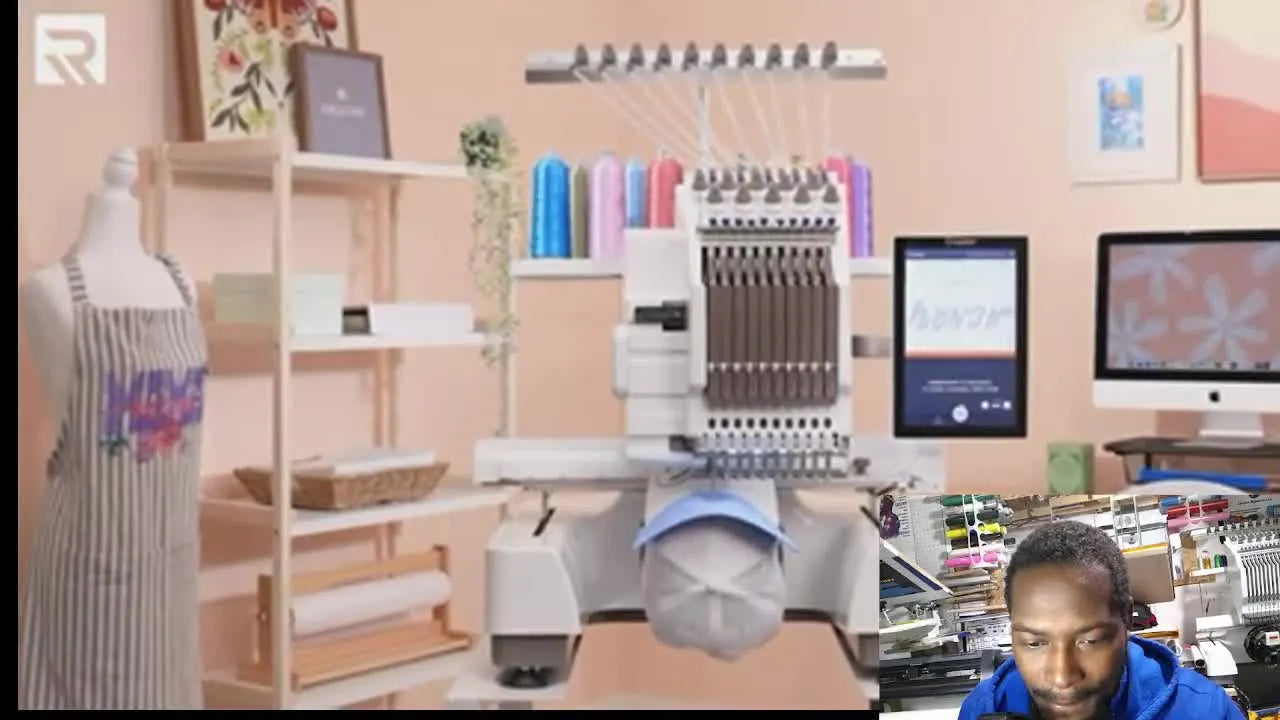 A clear hero shot of the Ricoma Creator’s 10-needle head and thread stand, signaling a production-focused upgrade from single-needle workflows.