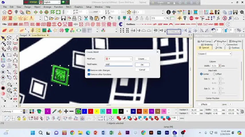 A close-up of the Wilcom Create Motif settings where 'Remove color changes' is unchecked to preserve a multi-color motif.