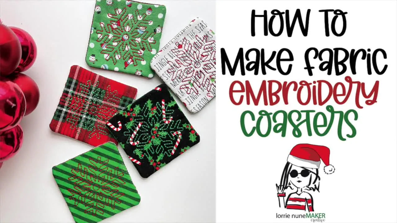 A flat lay of finished Christmas-themed embroidered fabric coasters styled as a quick gift set.