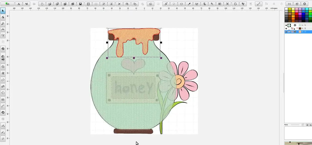 A full-screen view of the digitized honey pot showing the jar, honey drip, and lid in a clean, readable stitch preview.