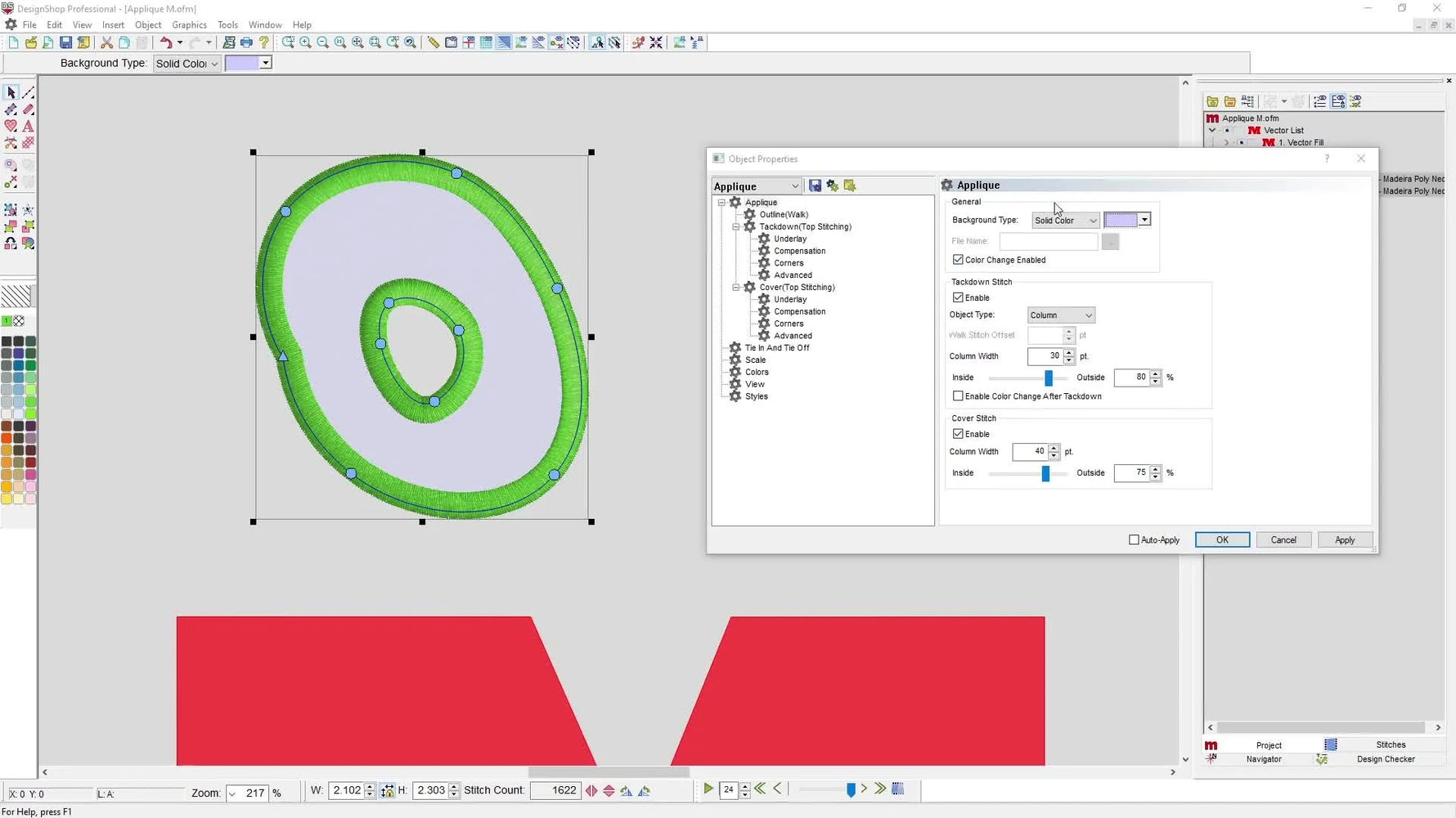 A close-up of the “Color Change Enabled” checkbox being selected in DesignShop v11 to force a safe stop between locator and tack-down stitches.
