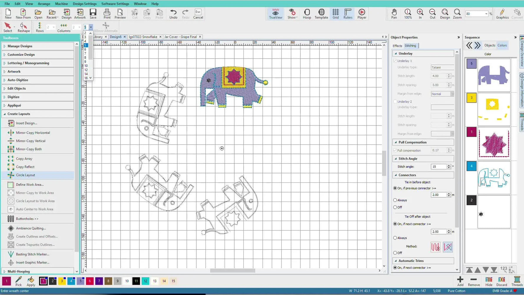 A screen capture shows five elephant designs arranged in a circle with ghost outlines and a visible center anchor point while the Circle Layout radius is being adjusted.