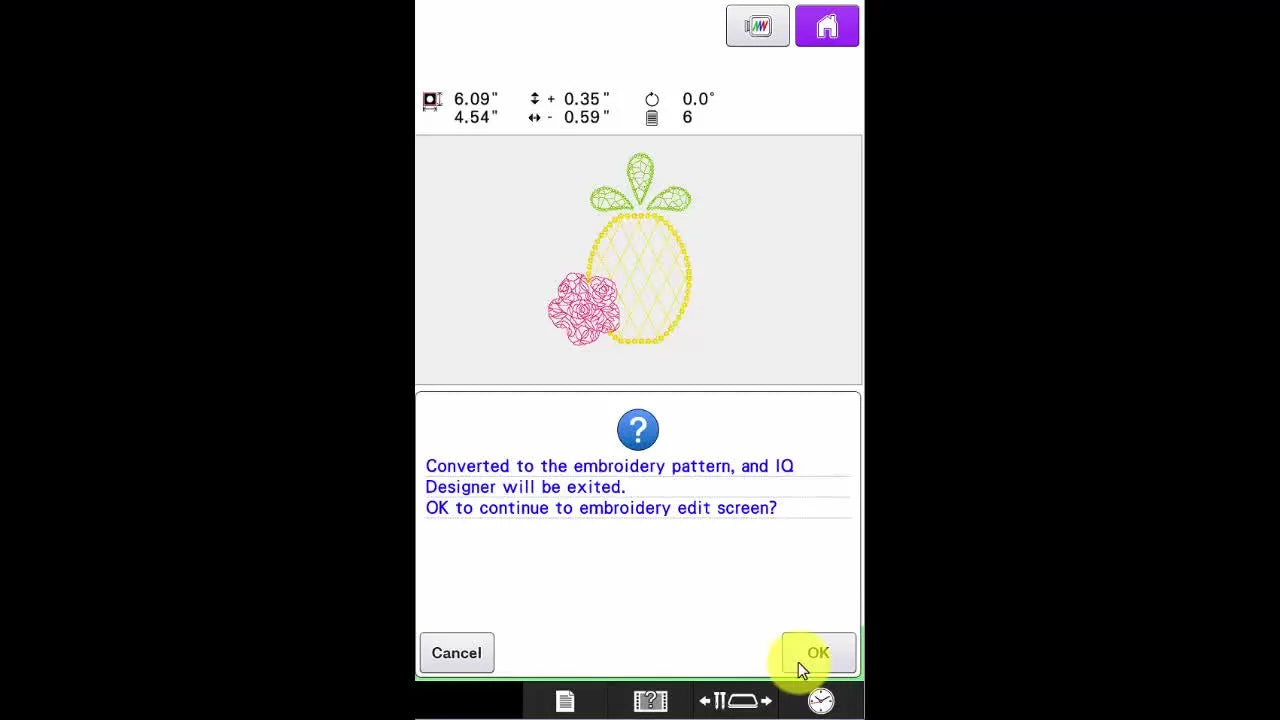 The Baby Lock Valiant Embroidery Edit screen displays the finished pineapple design with its final size (6.03" x 4.54") and color stops.