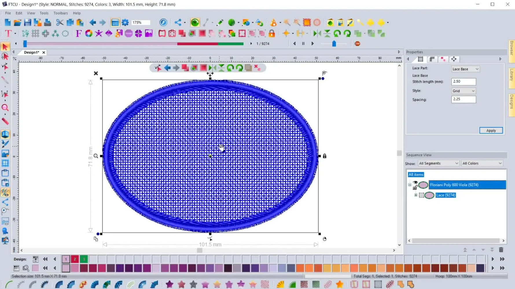A close-up screen capture of Floriani TCU’s right-click menu hovering over the “Single Lace Color” option on a selected Auto Lace object.