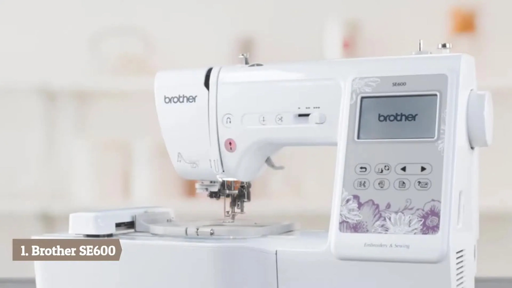 A wide hero shot of the Brother SE600 beside a finished embroidered garment, signaling a home-business-ready embroidery setup.