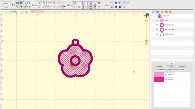 A completed Embrilliance FSL flower charm design showing double-lattice lace fill with satin center ring, satin hanging loop, and a satin outer border.
