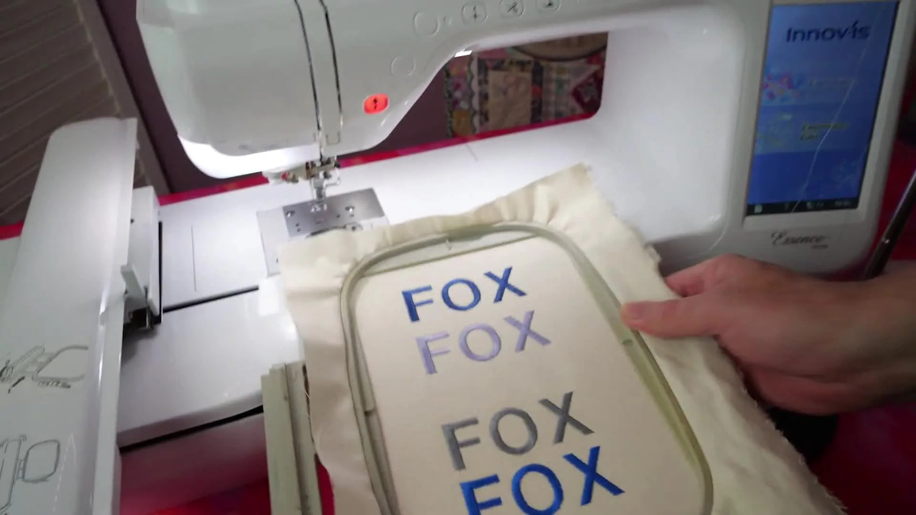 An overhead view of multiple “FOX” test stitch-outs used to judge bobbin-to-top thread balance and confirm stable tension.