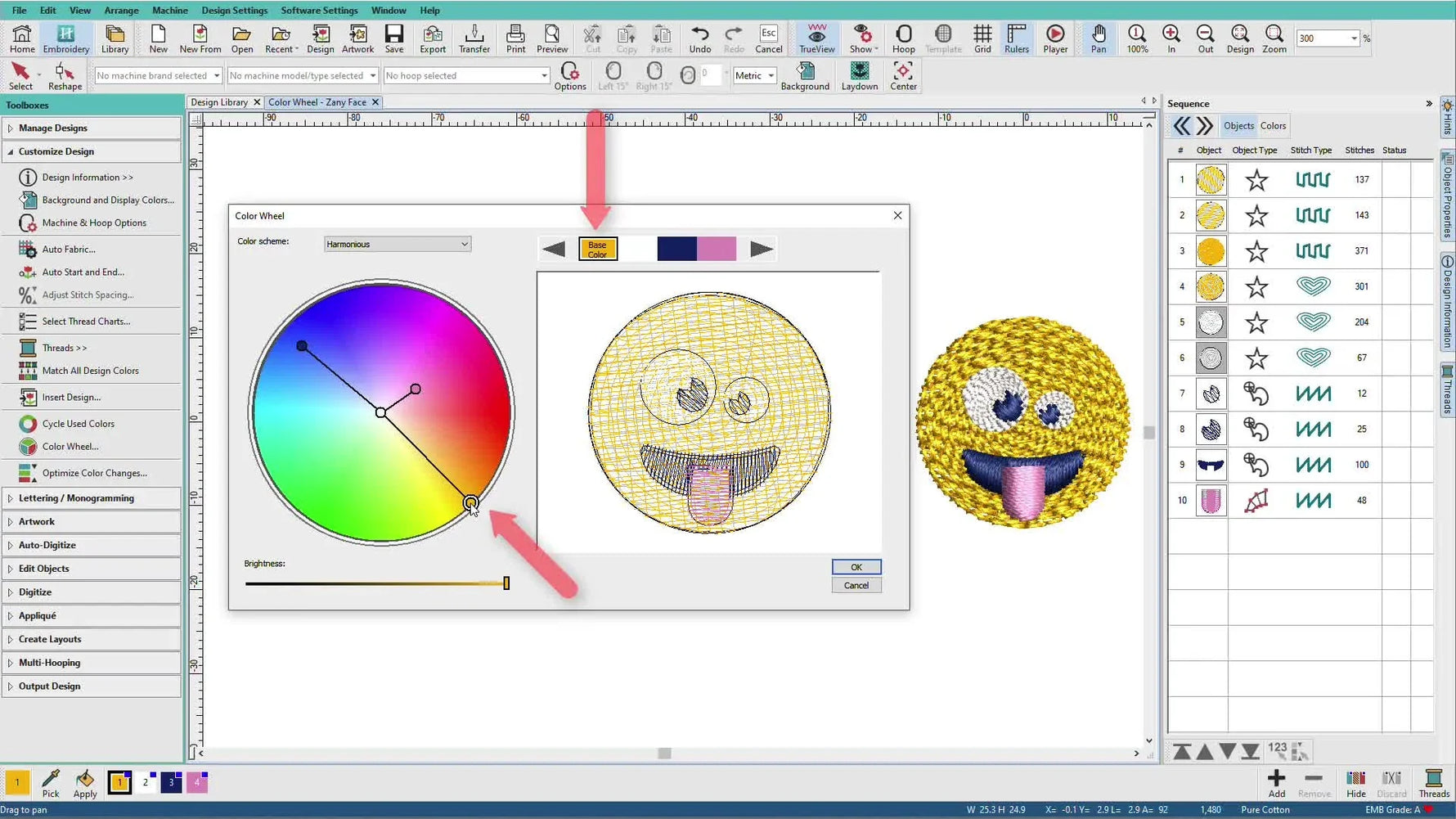 The Hatch Color Wheel dialog is open while the base color node is being dragged, updating a multicolor design in real time.
