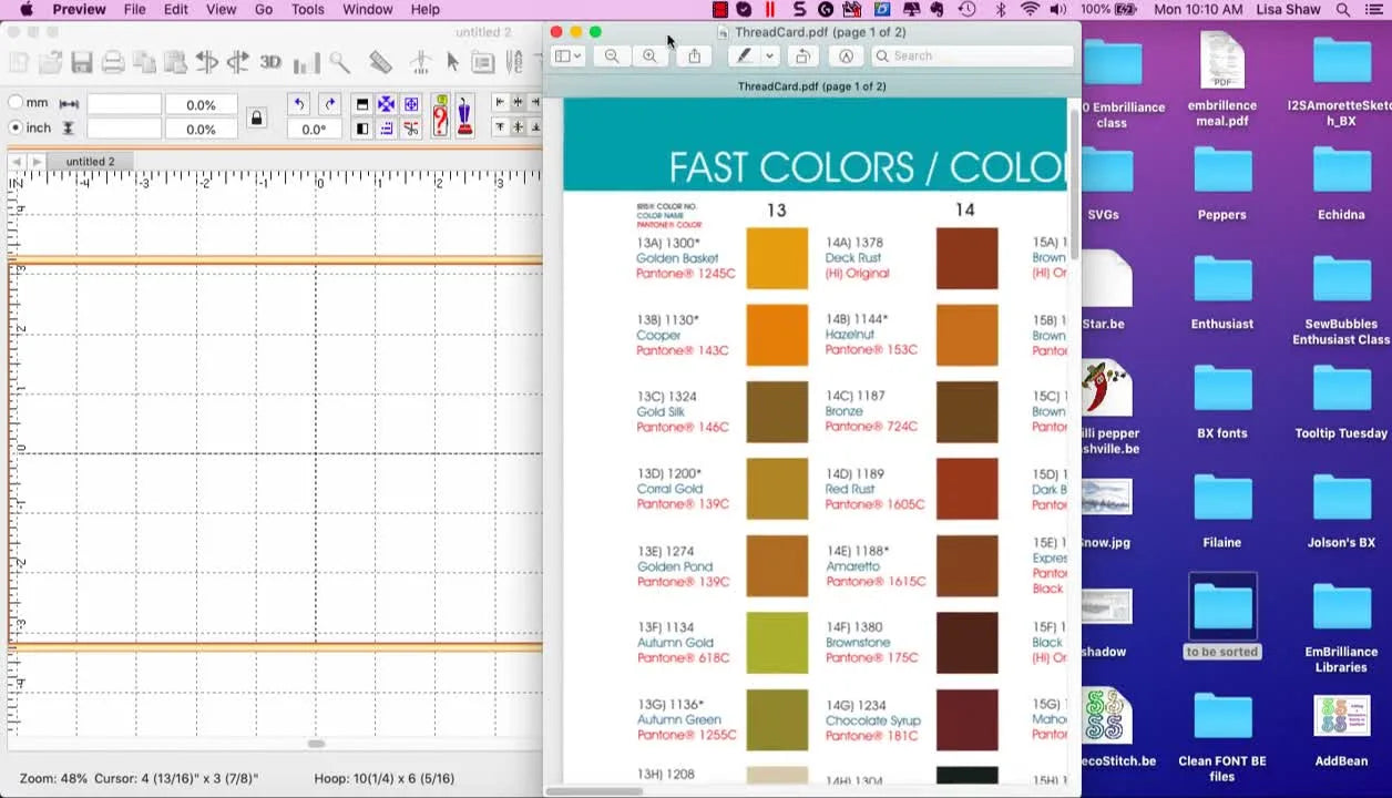 A split-screen workspace shows Embrilliance on the left and a Hilos Iris UltraBrite Polyester thread chart on the right for fast, accurate color entry.