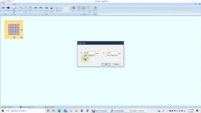 The AcuFil Tool “Editing Size” dialog box where the project dimensions (16" x 13.5") are entered to generate the multi-hoop stipple layout.