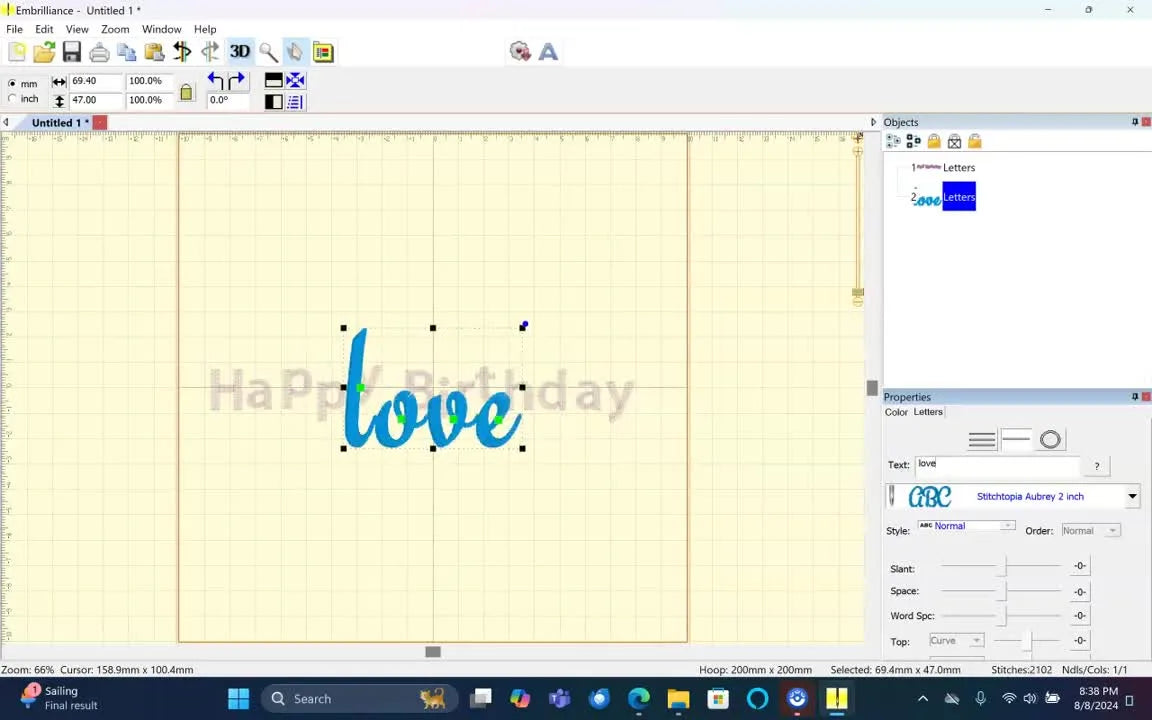 The Embrilliance Express workspace shows two lettering samples—“Happy Birthday” and a script “love”—ready for spacing tweaks and saving to a machine format.