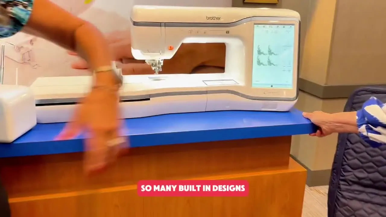 Close-up of the Brother Celeste Embroidery machine’s large LCD screen showing built-in embroidery designs and on-screen feature icons.