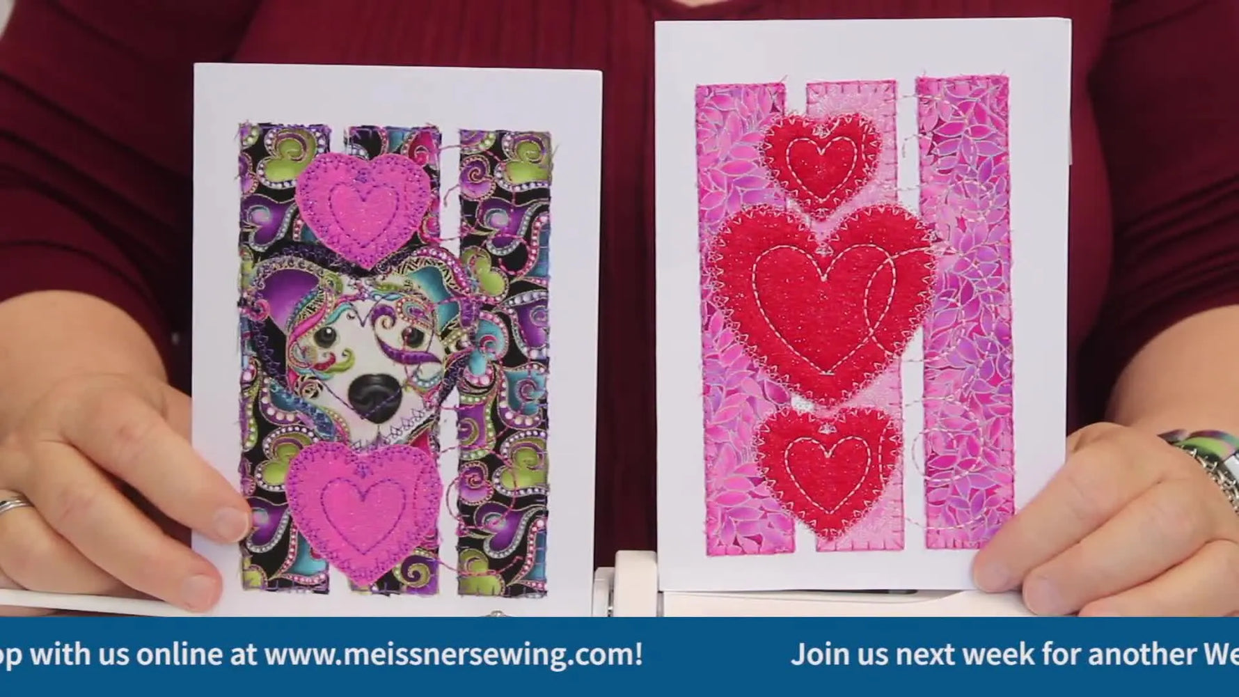 Two finished embroidered appliqué greeting cards are held up side-by-side to show how different fabric choices change the final look.