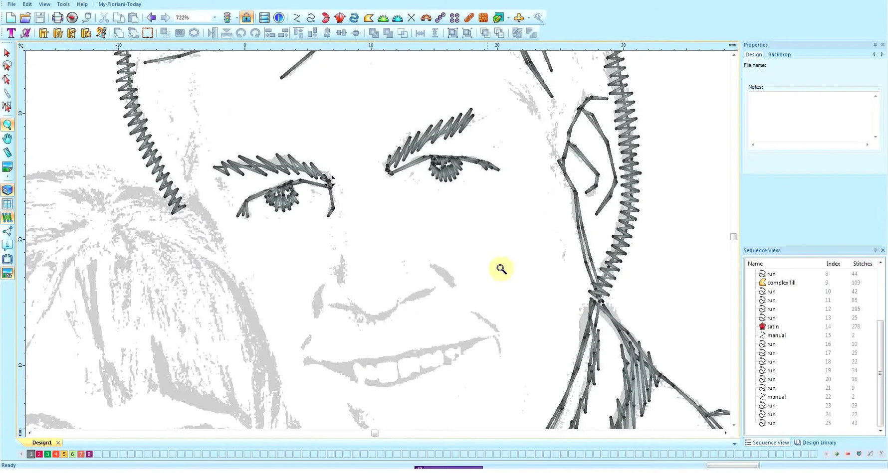 A close-up of the pencil-sketch face design in Floriani showing the jagged nose line that will be corrected and the hair area that will receive layered texture.