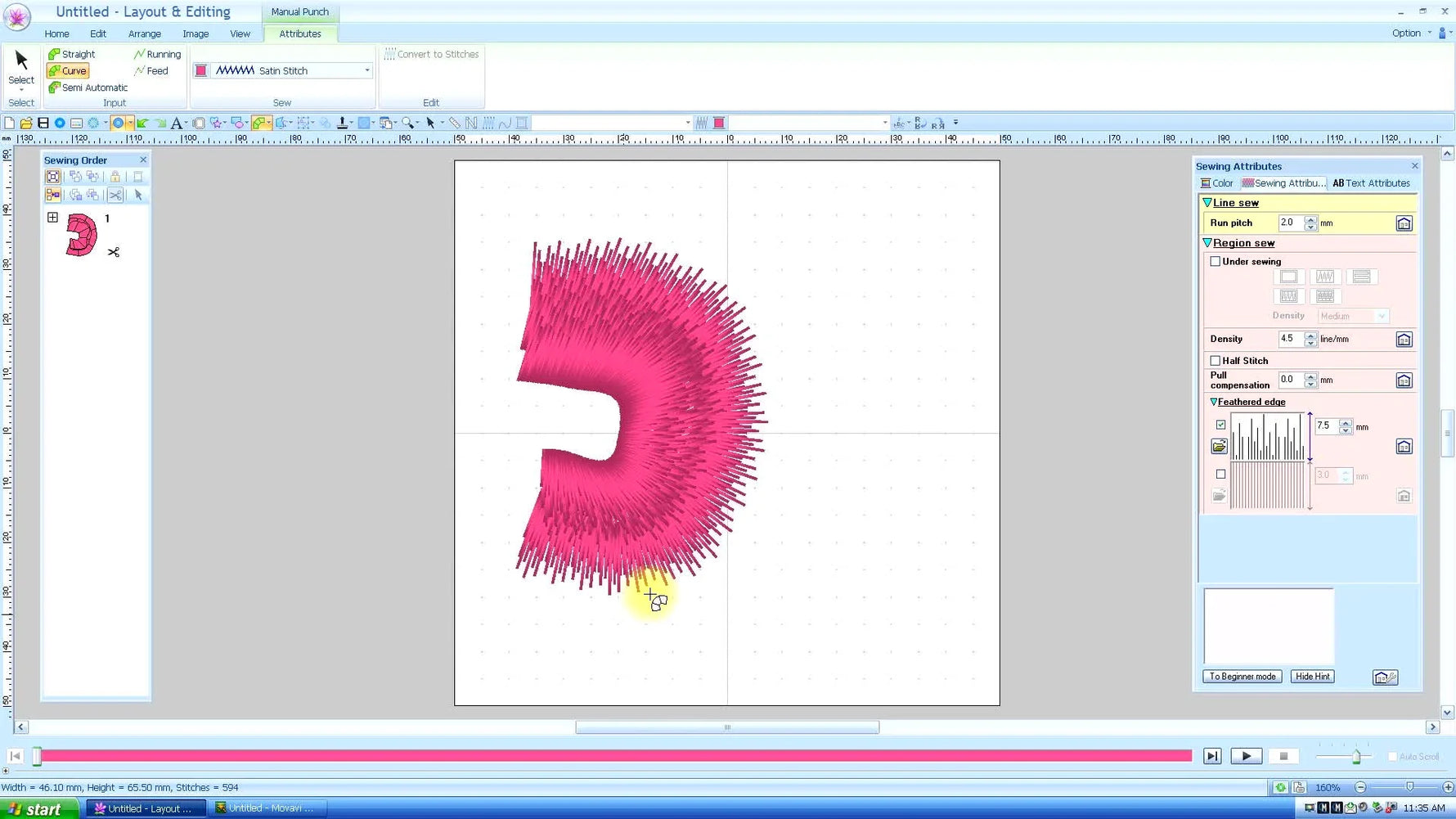Realistic Preview in Brother PE-Design showing a curved satin object with feathered edges that reads like soft fur.