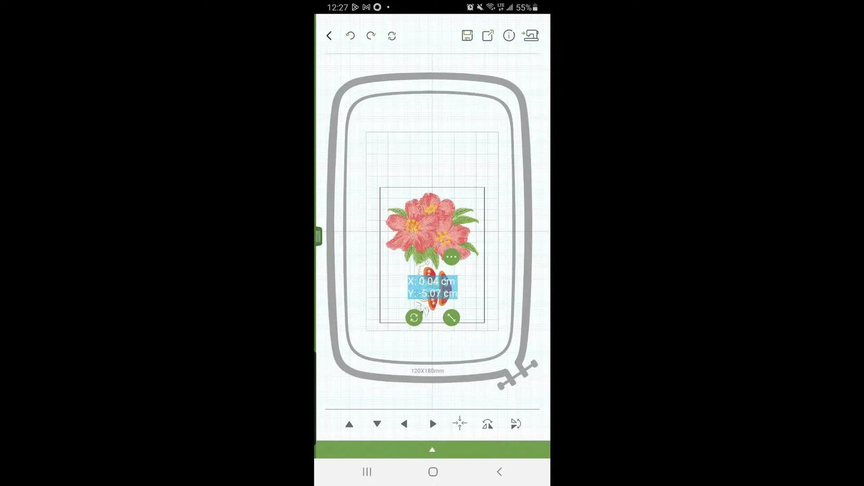 A split-screen app view shows a flower motif placed beside a mushroom design inside a large hoop grid, ready for precise layout work.