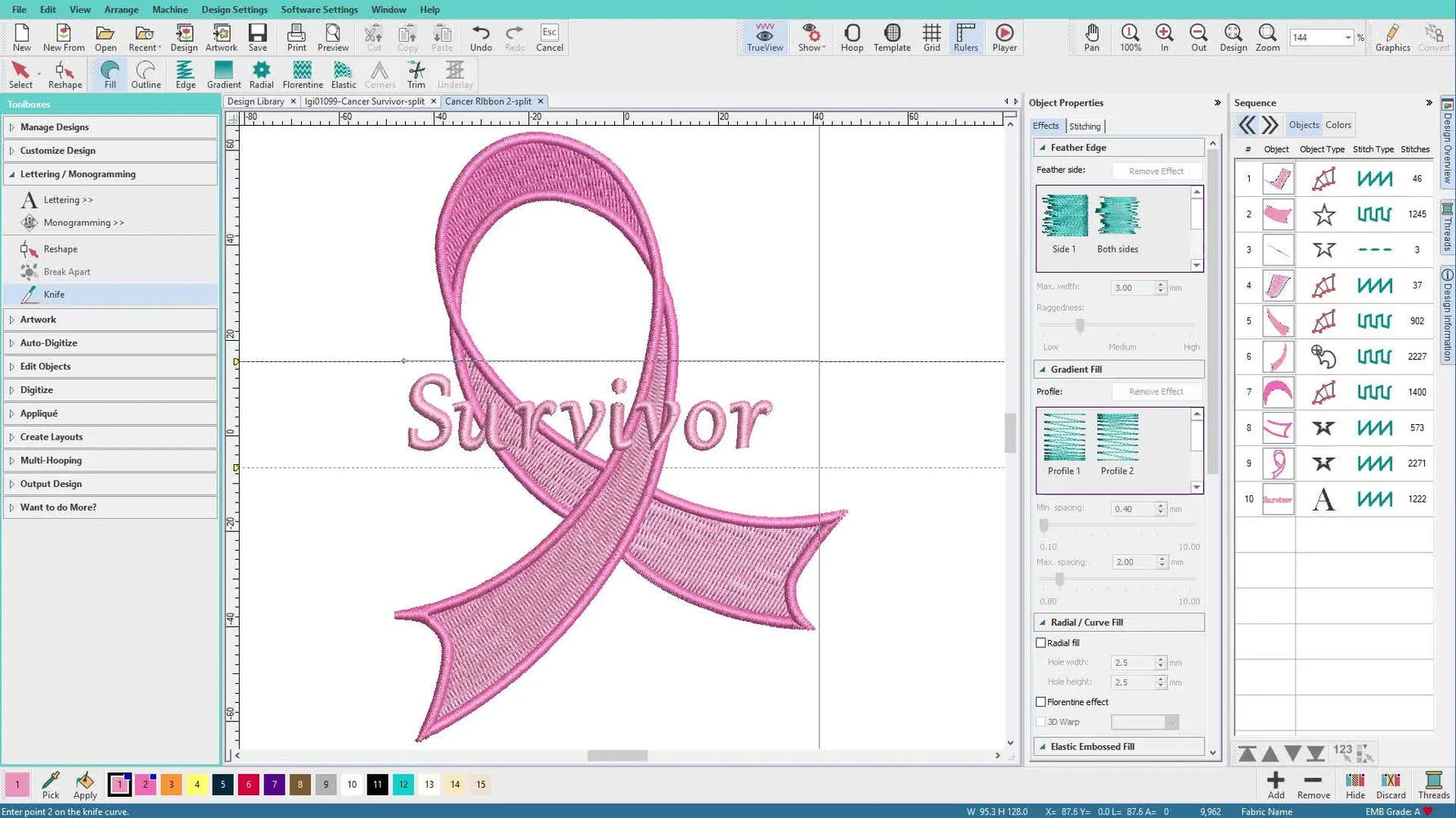 A screen capture shows the ribbon design with the center section deleted to create a clean gap for adding the word “Survivor.”
