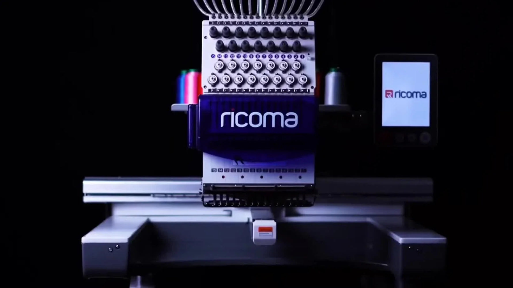 A full front view of the Ricoma SWD 15-needle wide-field embroidery machine highlighting the needle head and control panel.