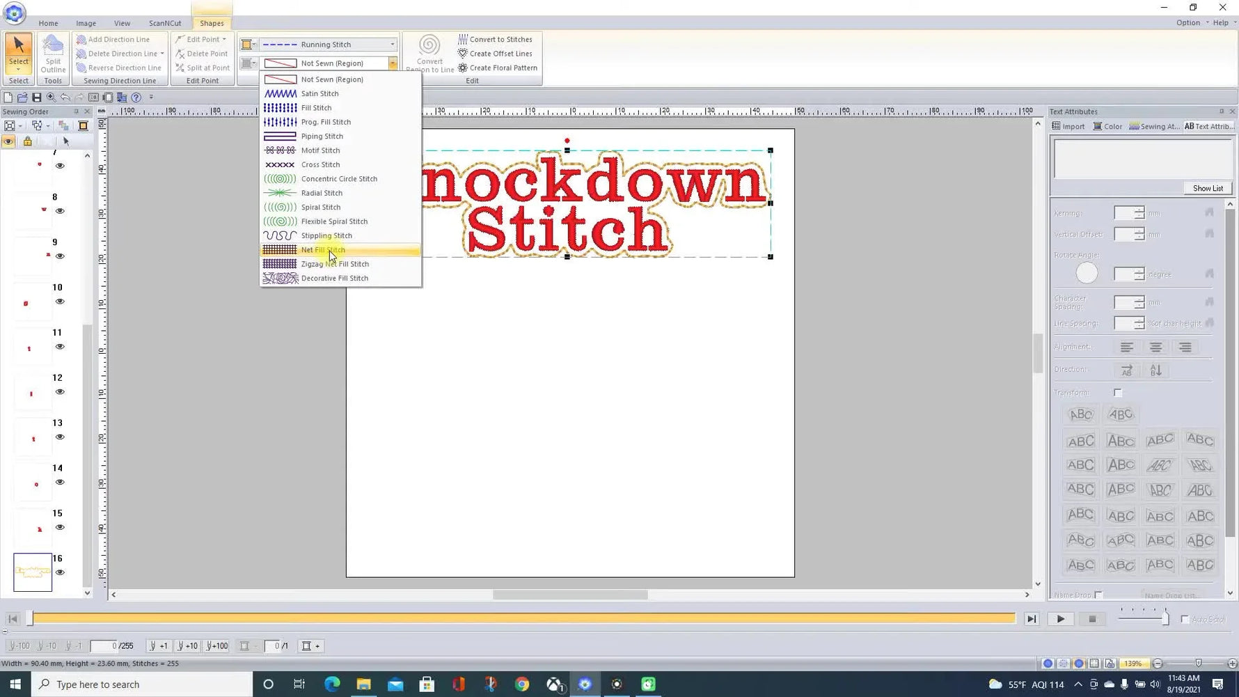 A P-Design 11 screen capture showing the stitch type switched to Net Fill, turning an outline into a knockdown mesh behind the design.