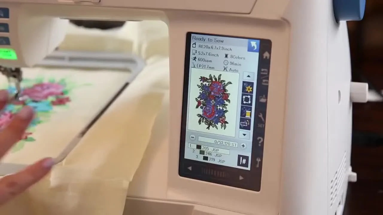 Janome Skyline S9 display showing completed floral embroidery design and settings.