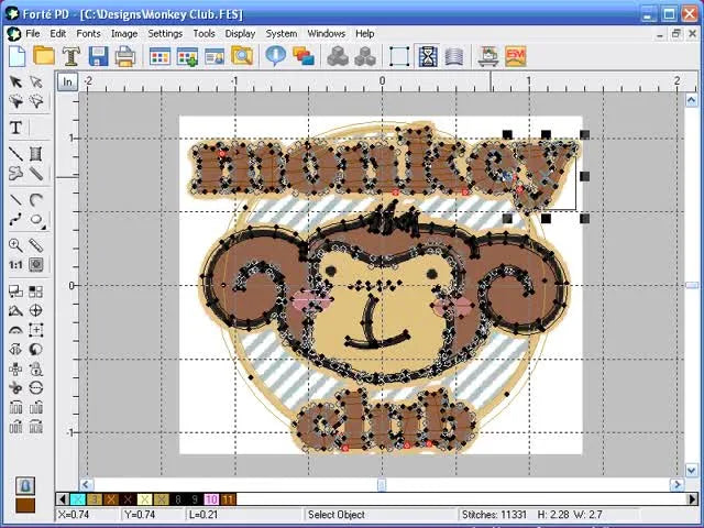 A full-screen view of the Monkey Club logo in Forte PD with the background image visible for final inspection before saving.