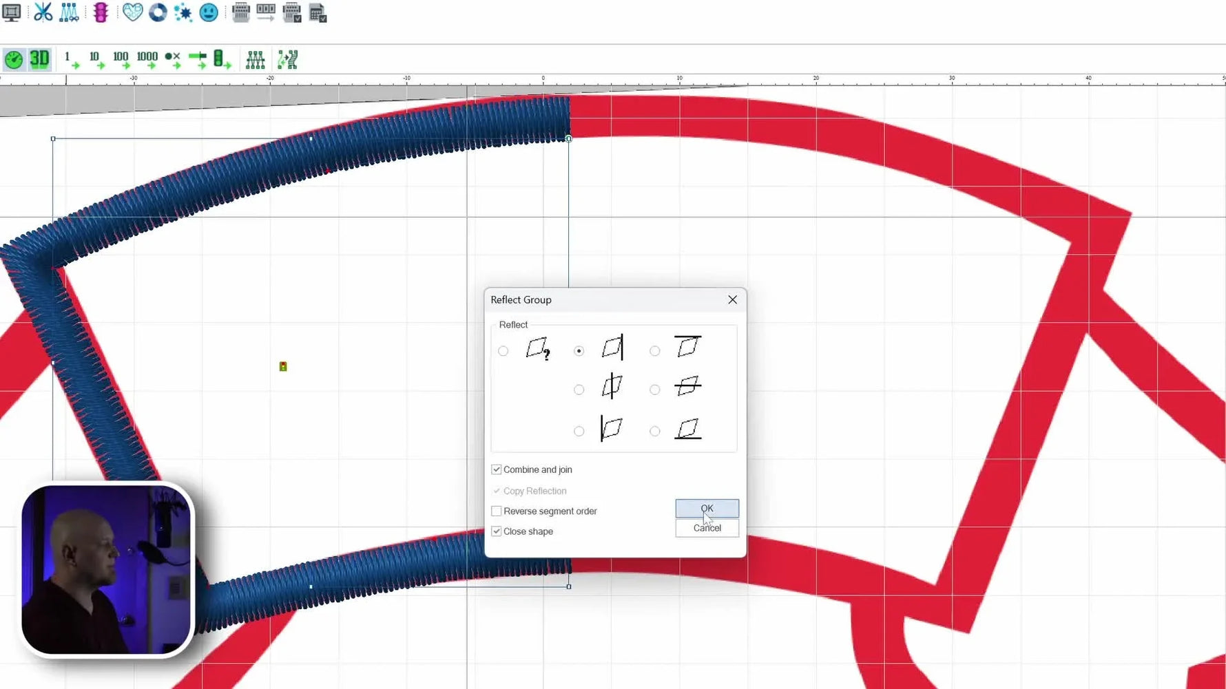 A screen capture shows the top ribbon arch becoming a single continuous symmetrical shape immediately after using the Reflect tool in Pulse DG16.