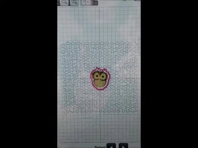 The Baby Lock Destiny 2 screen shows the finished layout: a centered owl, an all-over stippling background, and a candlewicking outline frame ready to stitch.