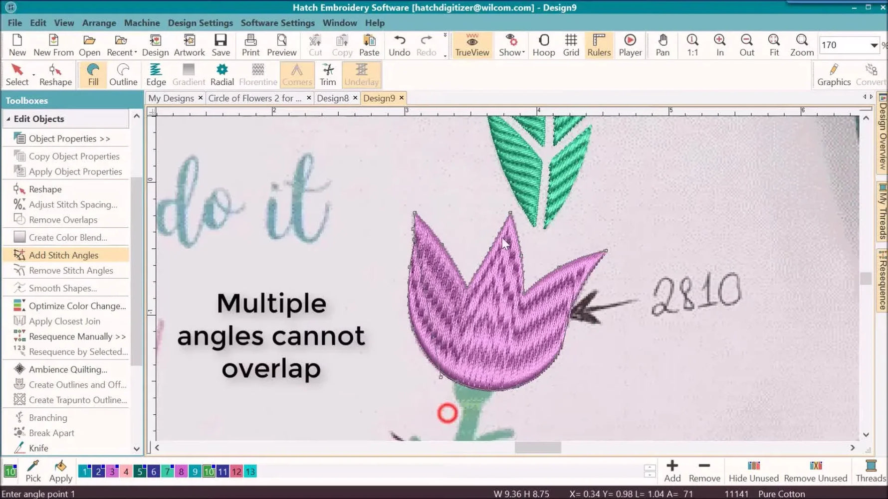 A close-up screen capture shows multiple orange stitch-angle lines drawn across a satin tulip to create a more dimensional, 3D thread flow.