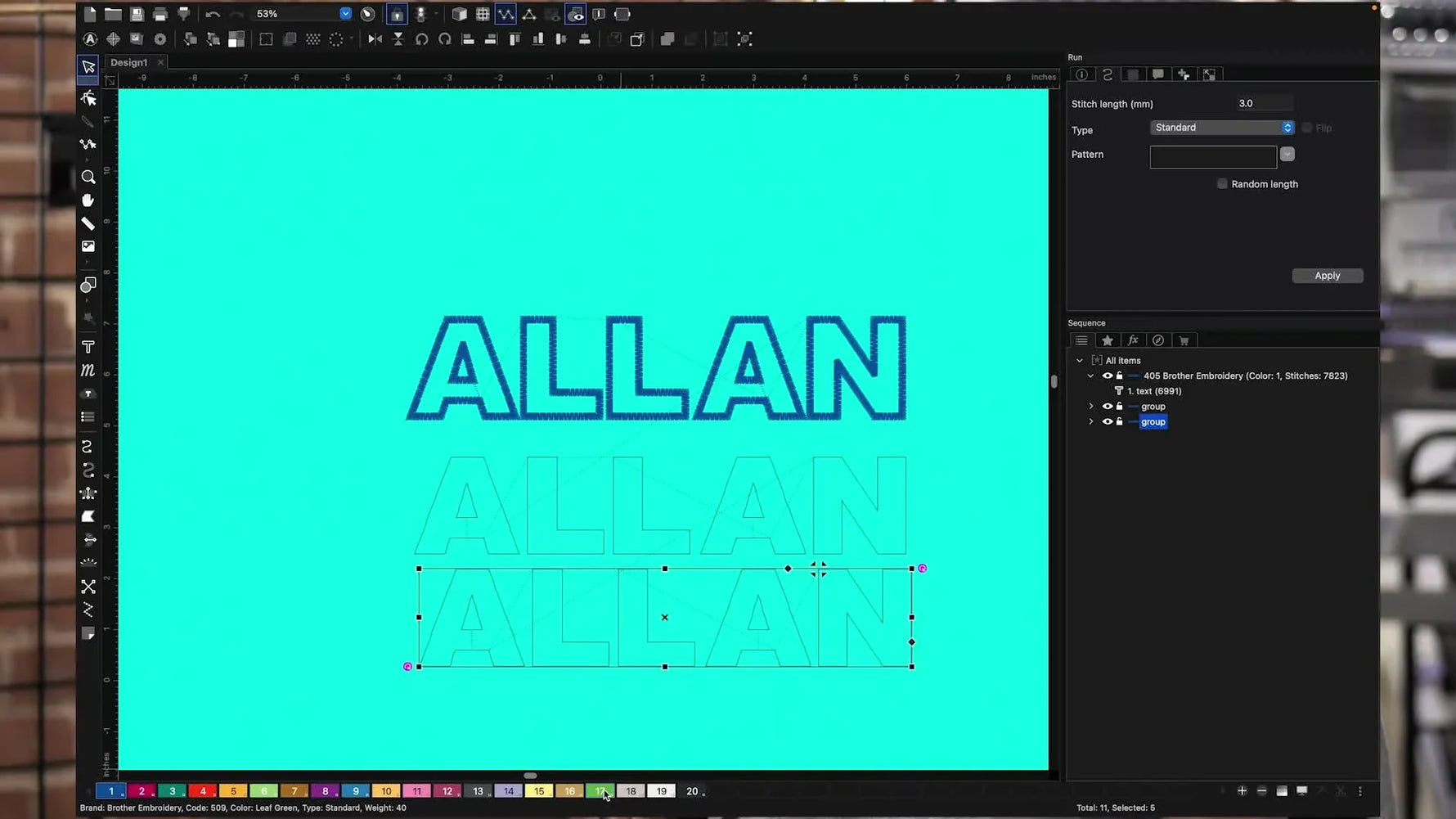 A screen capture in Chroma Luxe showing three stacked text layers in different colors to force machine stops for placement, tack-down, and the final satin border.