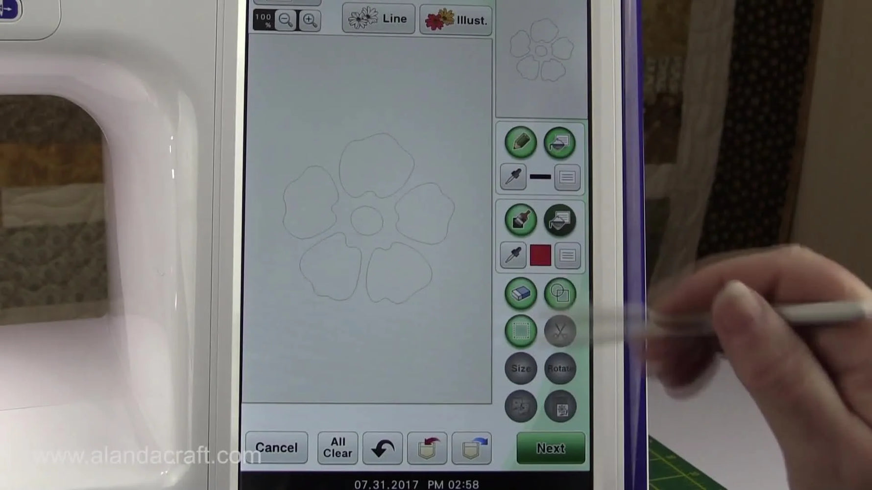 The Brother Dream Machine 2 screen shows the Region Property menu where a stipple fill is selected for a custom flower design.