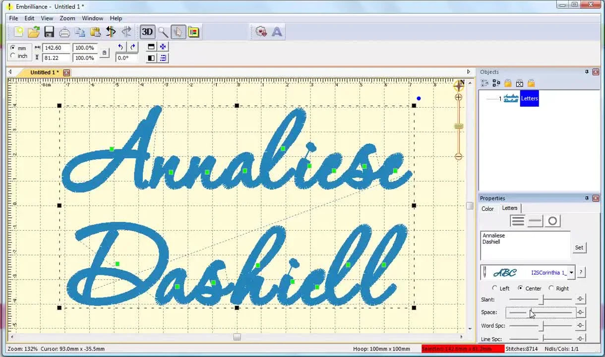 A screen capture shows the Corinthia script font tightened so the letters overlap cleanly after adjusting the Space Scrub Bar.