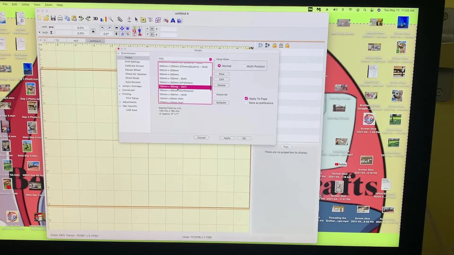 The Embrilliance Preferences window on Mac with the 130mm x 180mm (5x7) hoop highlighted for a Brother PES workflow.
