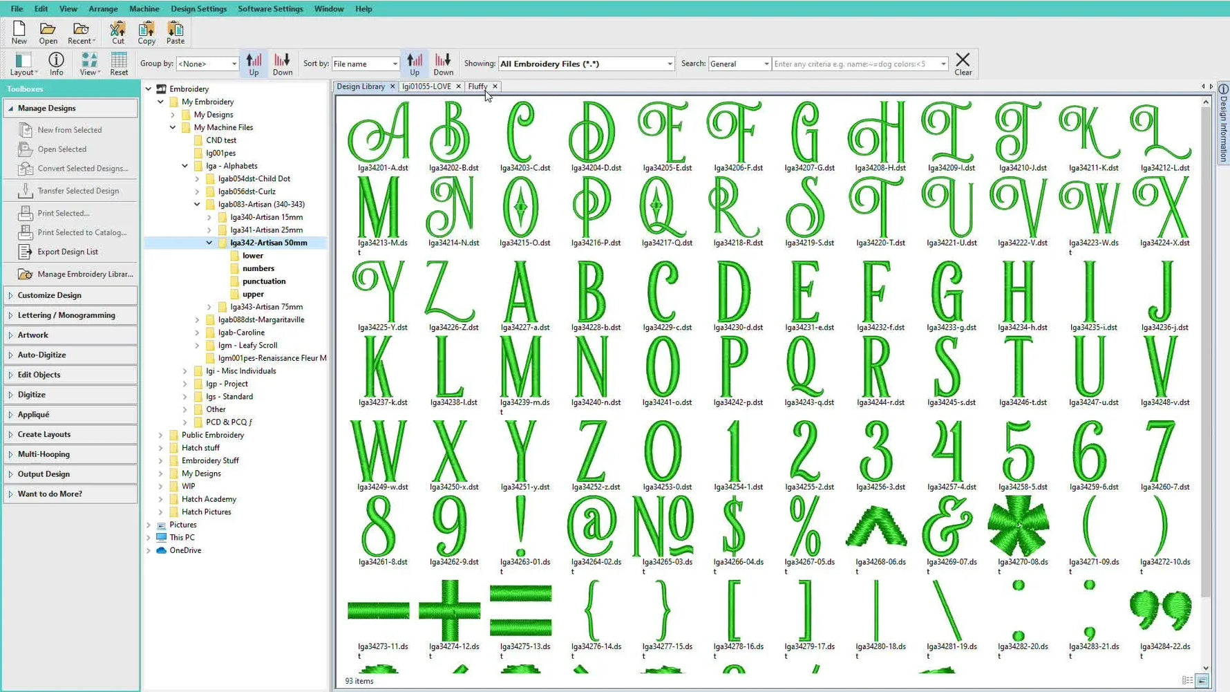 A Hatch workspace screen capture showing multiple imported alphabet letters stacked in the center after inserting several DST files at once.