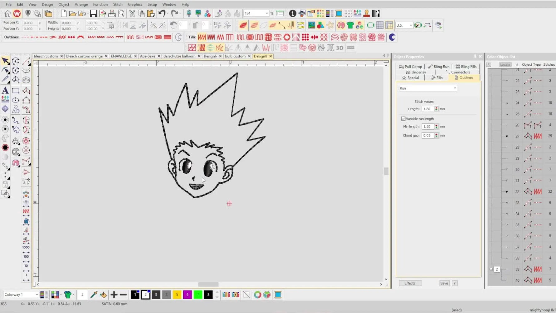 A completed digitized anime face design is shown in the Wilcom workspace with crisp outlines and prominent facial features.