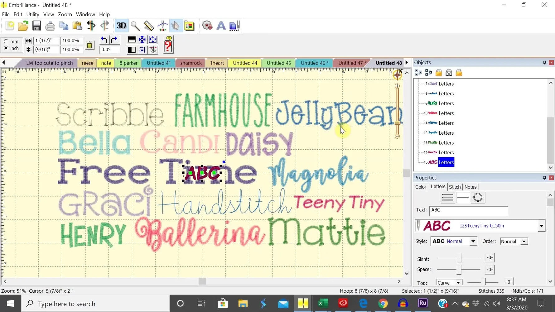A full-screen Embrilliance canvas showing a colorful “word cloud” of multiple embroidery fonts arranged for quick customer selection.