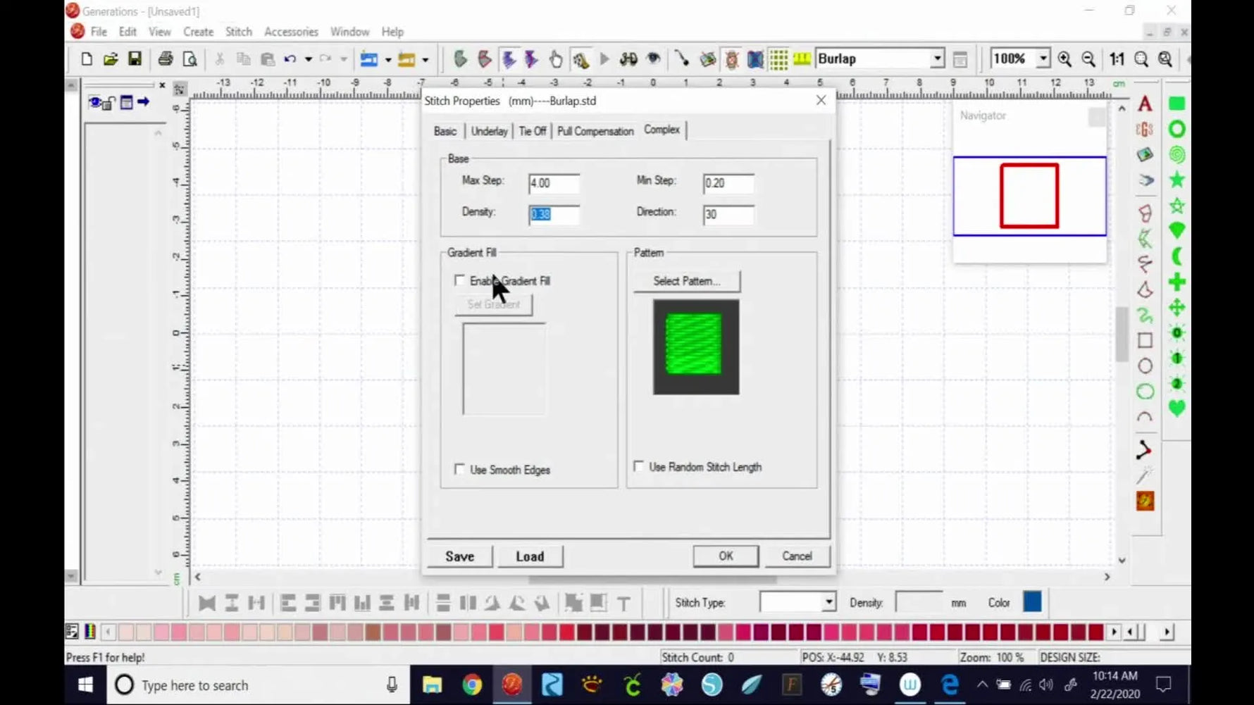 A close-up screen capture shows the Generations Stitch Properties window where the Complex Fill density is changed to 0.50 for cleaner sew-outs.