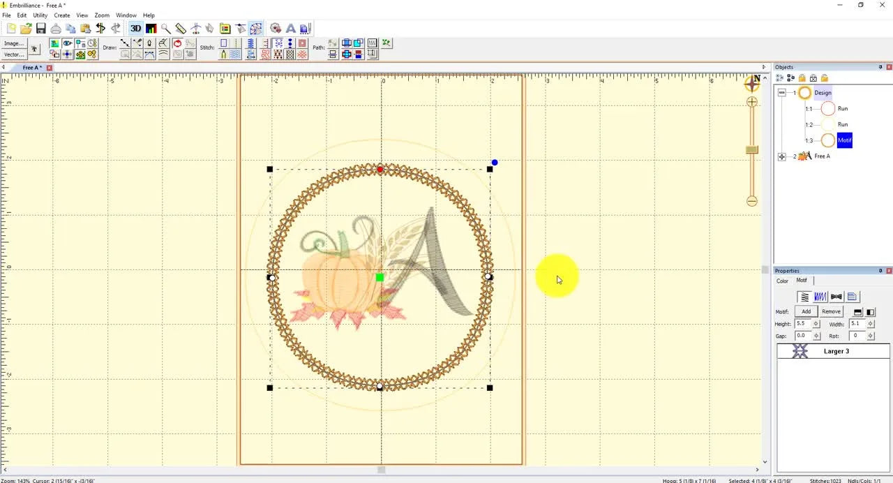 A completed Embrilliance layout showing a central design framed by a decorative motif border, ready to stitch as an in-the-hoop mug rug.