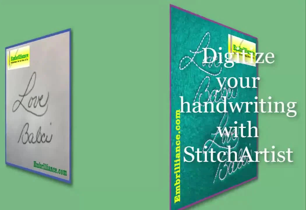 A side-by-side view of the original handwriting sample and the finished embroidered signature stitched on green fleece.