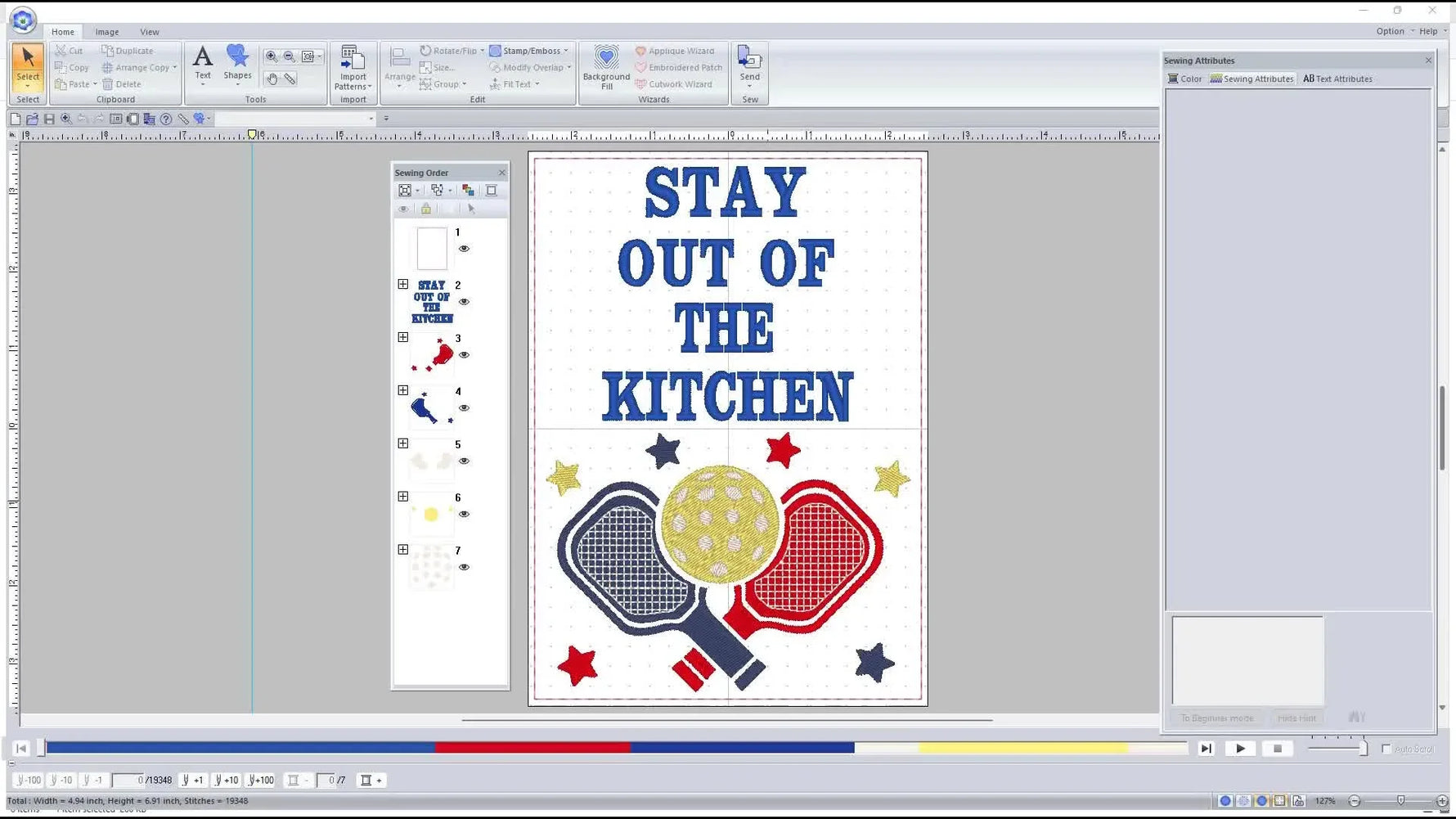 A full-screen view of the embroidery software showing the completed “Stay Out of the Kitchen” pickleball design and its layered stitch result.