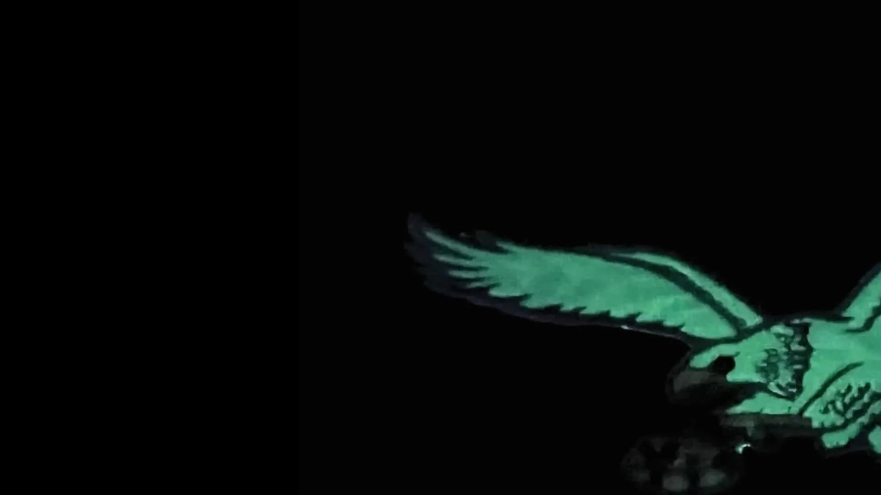 A finished eagle appliqué on a black polo glows bright green in the dark, showing crisp satin borders and clean coverage on velvet.
