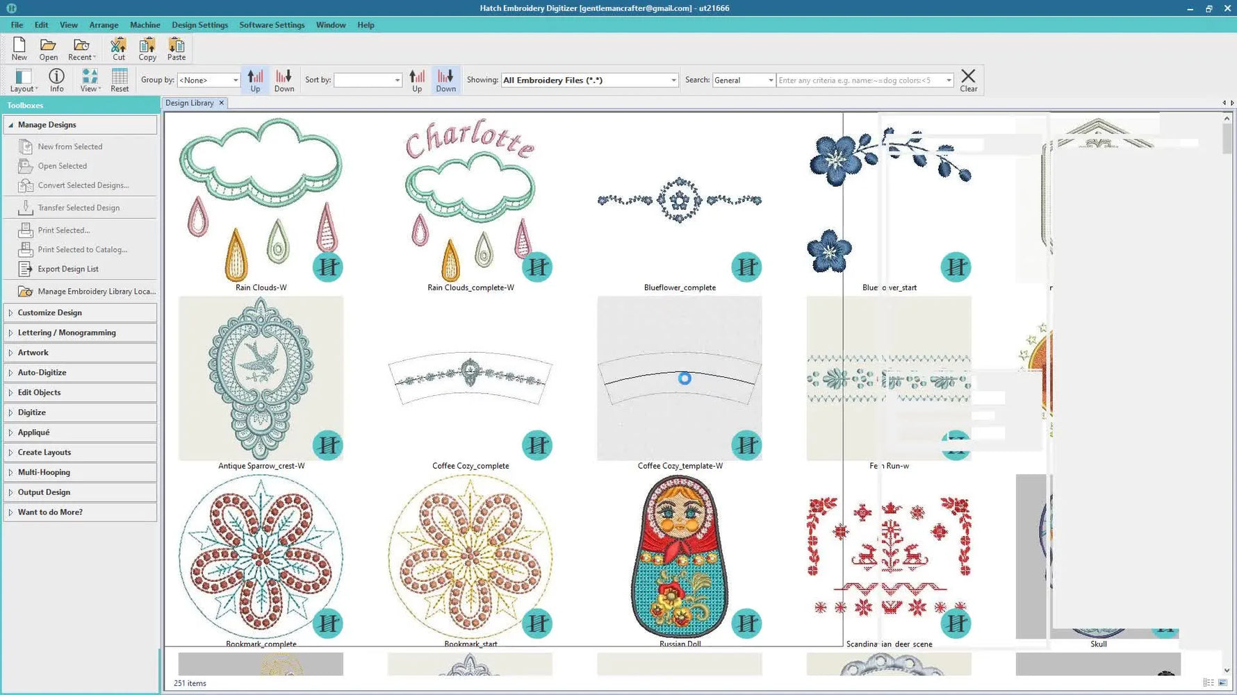 Unicorn design loaded in Hatch Embroidery software with hoop boundary visible.