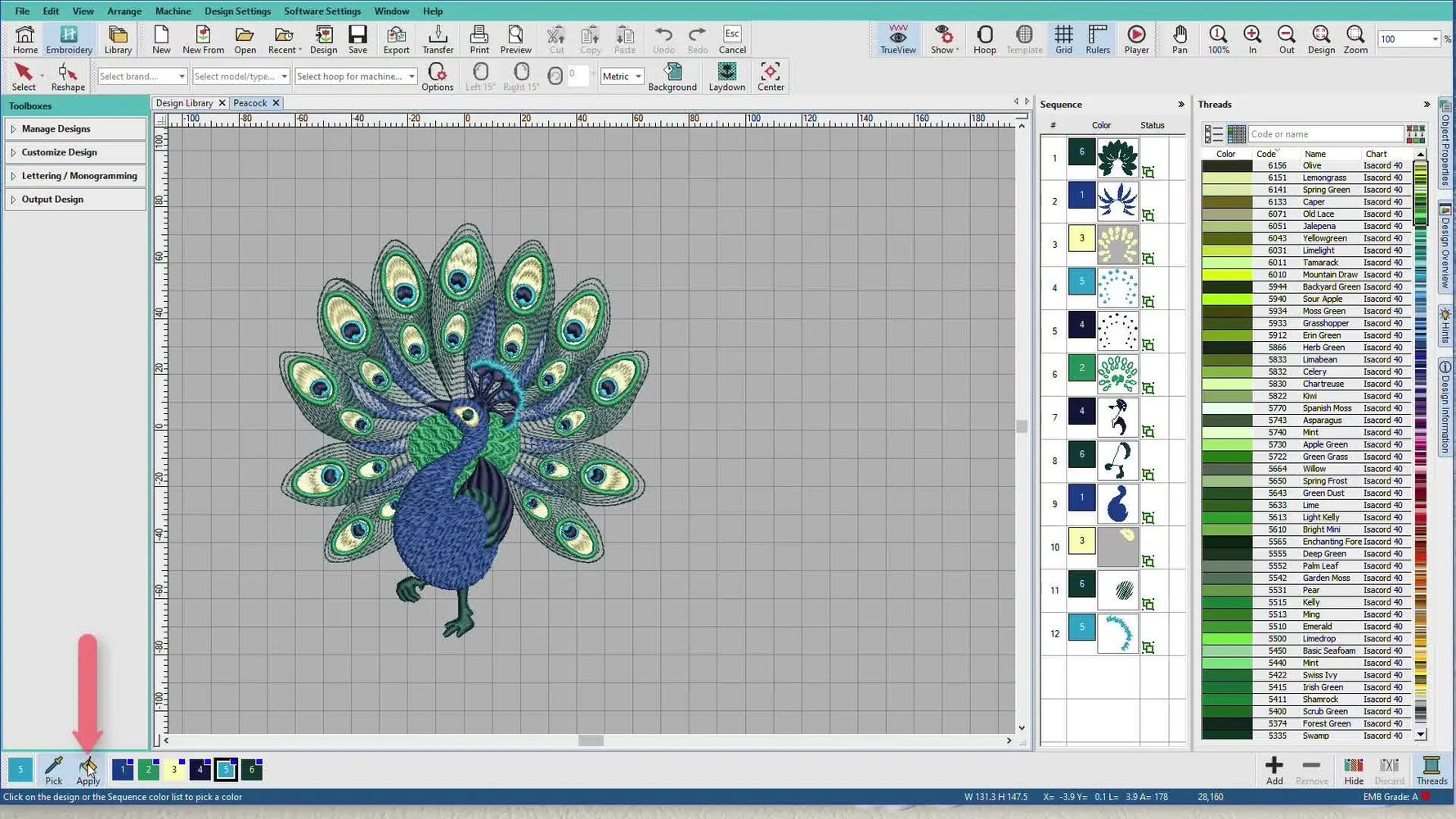 The Paint Bucket tool in Hatch Personalizer previews a turquoise recolor over the peacock’s feet before applying the change.