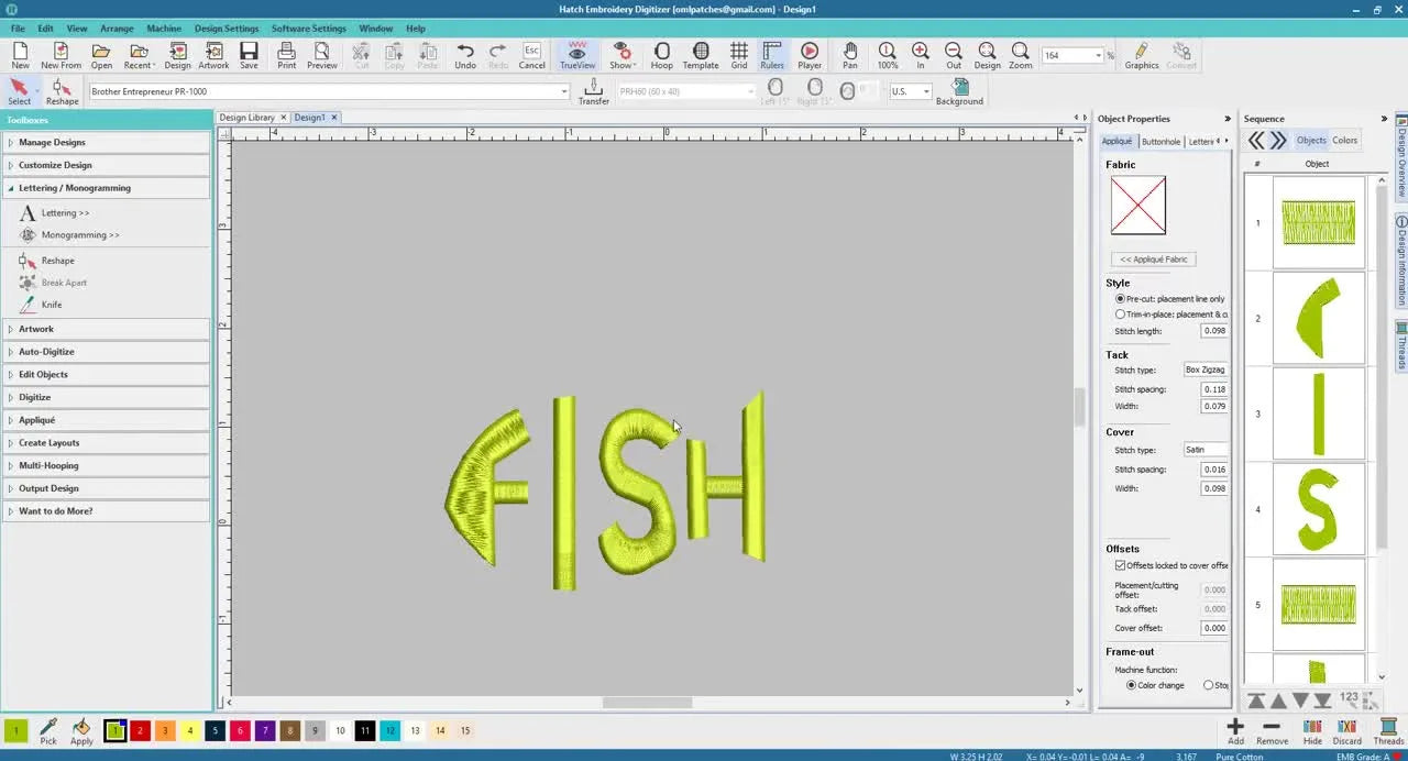 The finished yellow satin word “FISH” reshaped into a fish silhouette after the black guide artwork is removed.